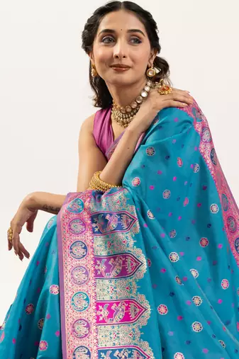 Women blue Art silk handloom saree