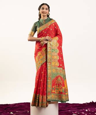 Women green Art silk handloom saree 4