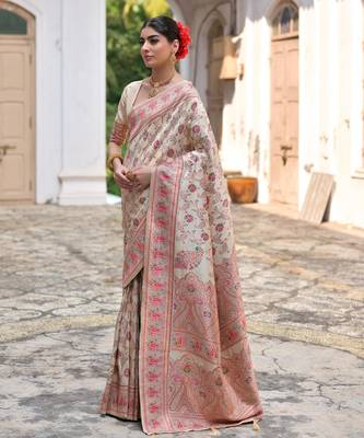 Women cream art silk handloom saree 2