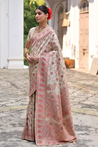 Women cream art silk handloom saree