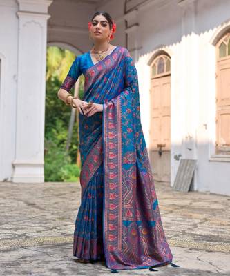 Women firozi Art silk handloom saree 1