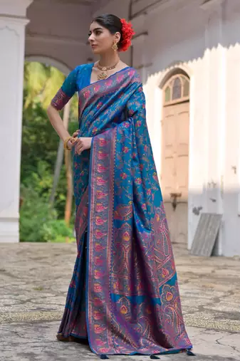 Women firozi Art silk handloom saree