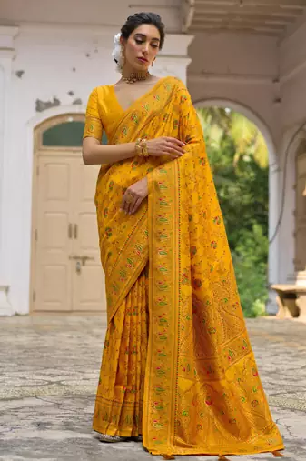 Women yellow Art silk handloom saree