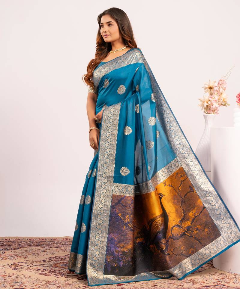 Women firozi Art silk handloom saree
