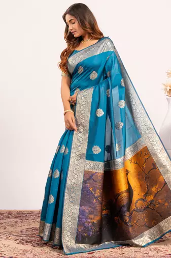 Women firozi Art silk handloom saree