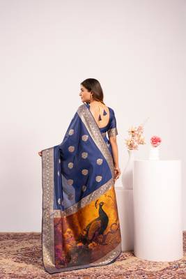 Women navy blue Art silk handloom saree 3