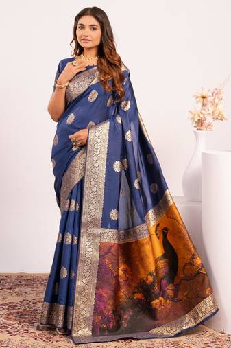 Women navy blue Art silk handloom saree