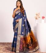 Women navy blue Art silk handloom saree