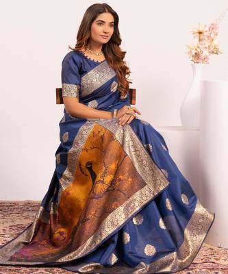 Women navy blue Art silk handloom saree 4