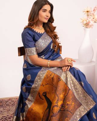 Women navy blue Art silk handloom saree 5