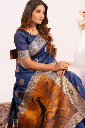 Women navy blue Art silk handloom saree