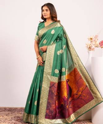 Women green Art silk handloom saree 4