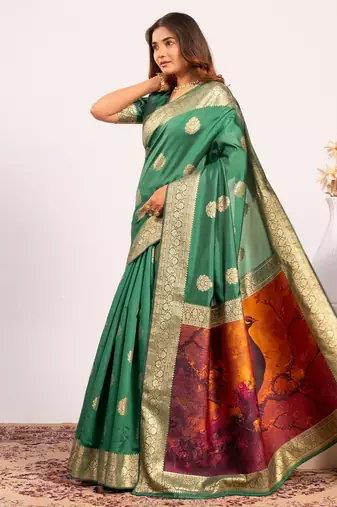 Women green Art silk handloom saree