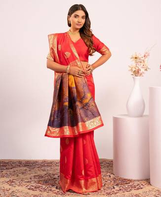 Women red Art silk handloom saree 4