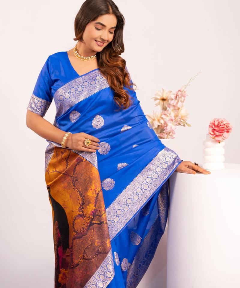 Women royal blue Art silk handloom saree