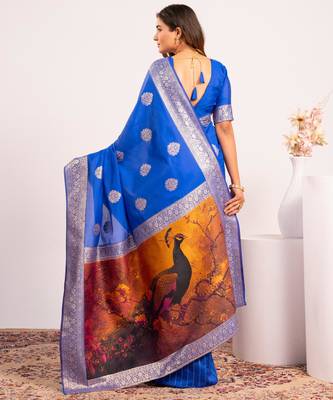 Women royal blue Art silk handloom saree 3