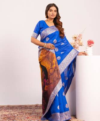 Women royal blue Art silk handloom saree 1