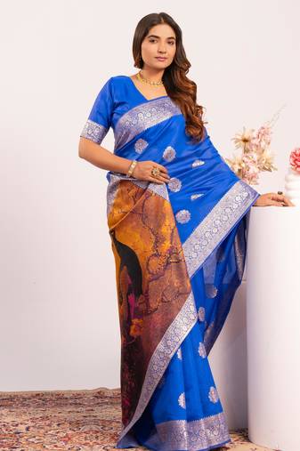 Women royal blue Art silk handloom saree
