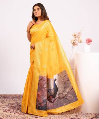 Women yellow Art silk handloom saree 4