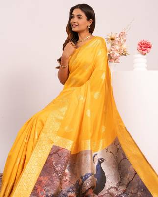 Women yellow Art silk handloom saree 5