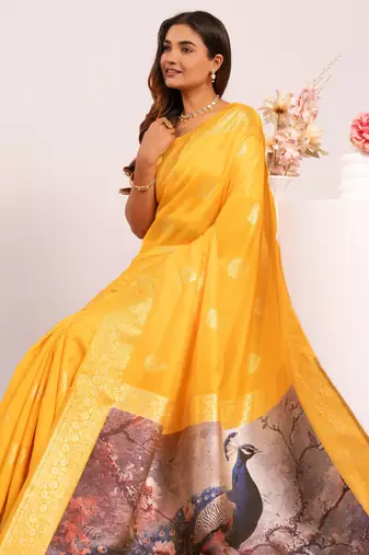 Women yellow Art silk handloom saree