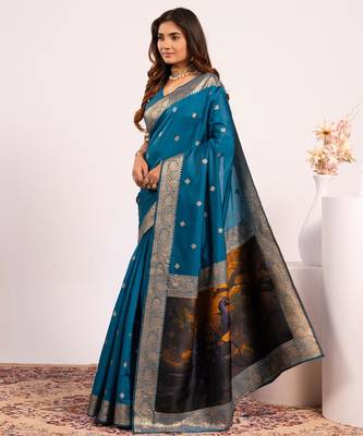Women firozi Art silk handloom saree 3