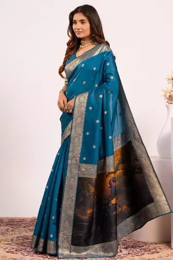 Women firozi Art silk handloom saree