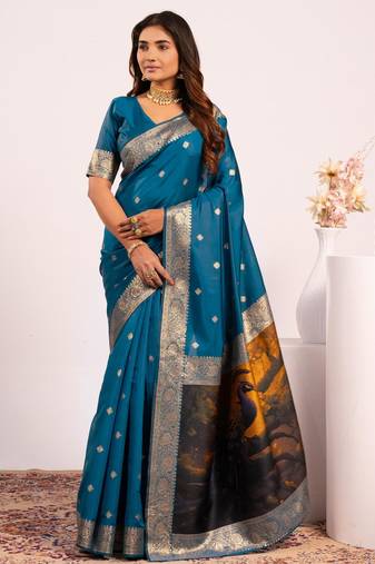 Women firozi Art silk handloom saree