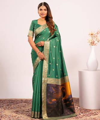 Women green Art silk handloom saree 3