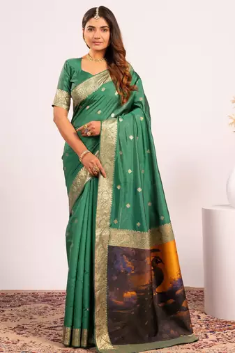 Women green Art silk handloom saree