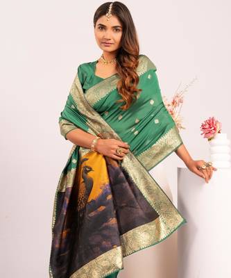 Women green Art silk handloom saree 5
