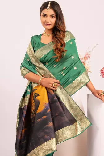 Women green Art silk handloom saree