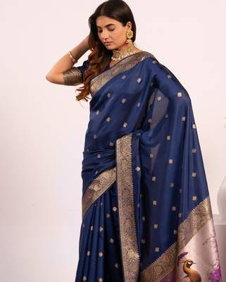 Women navy blue Art silk handloom saree 2