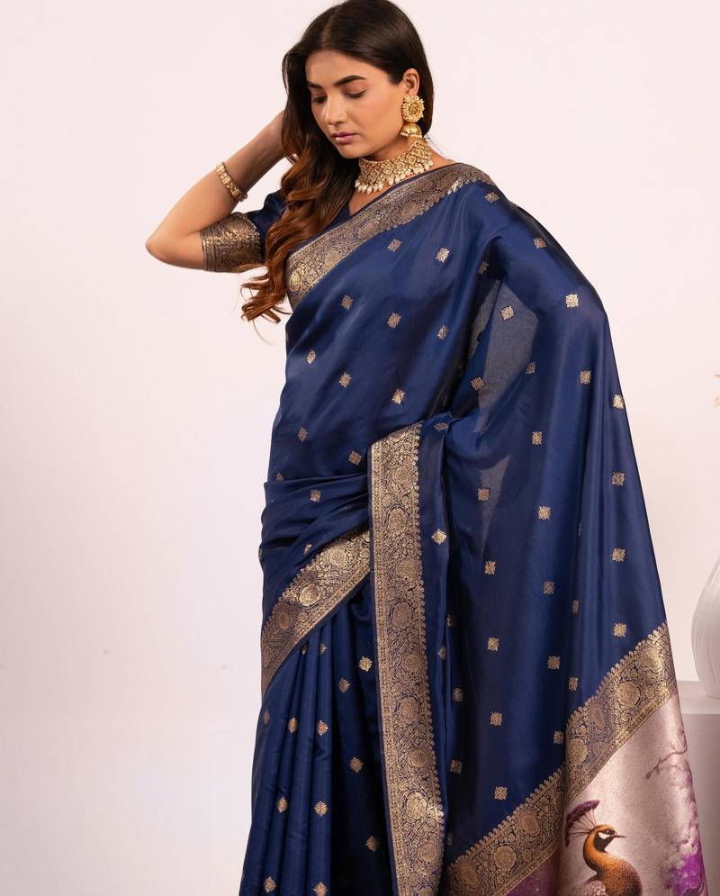 Women navy blue Art silk handloom saree