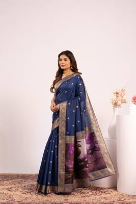 Women navy blue Art silk handloom saree 3