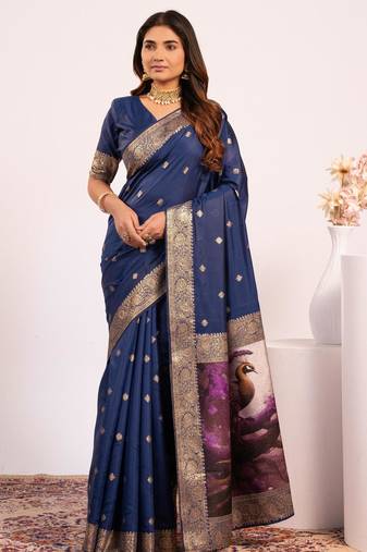 Women navy blue Art silk handloom saree
