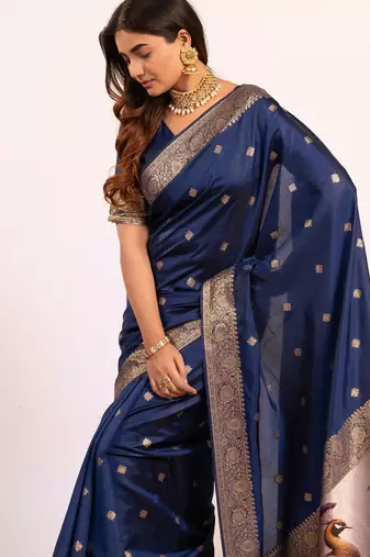 Women navy blue Art silk handloom saree