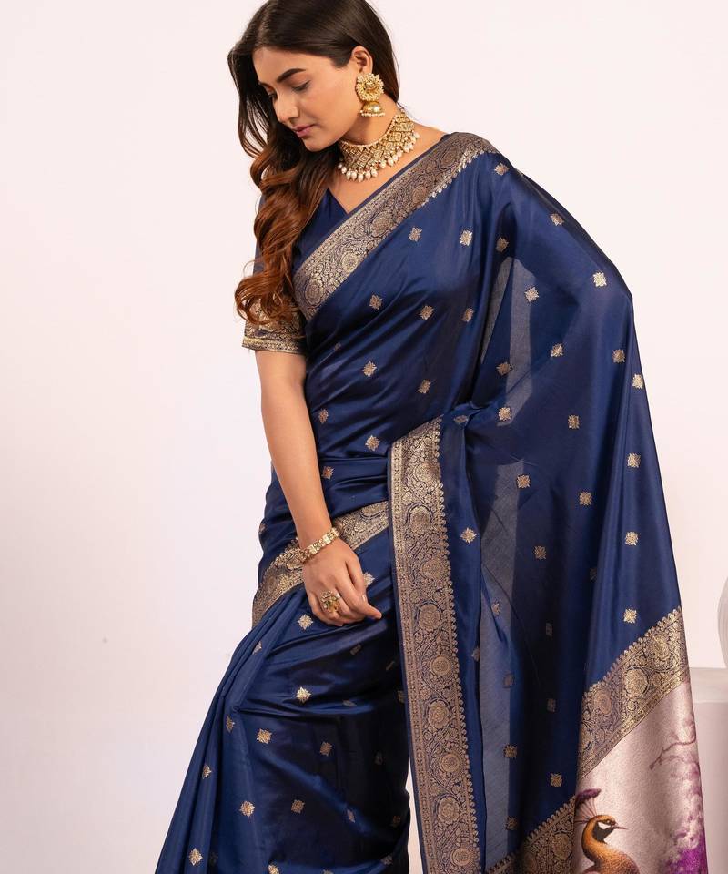 Women navy blue Art silk handloom saree