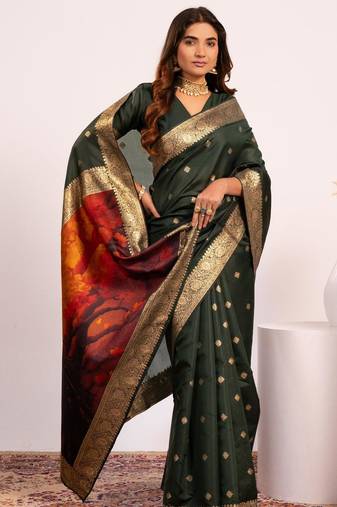 Women green Art silk handloom saree