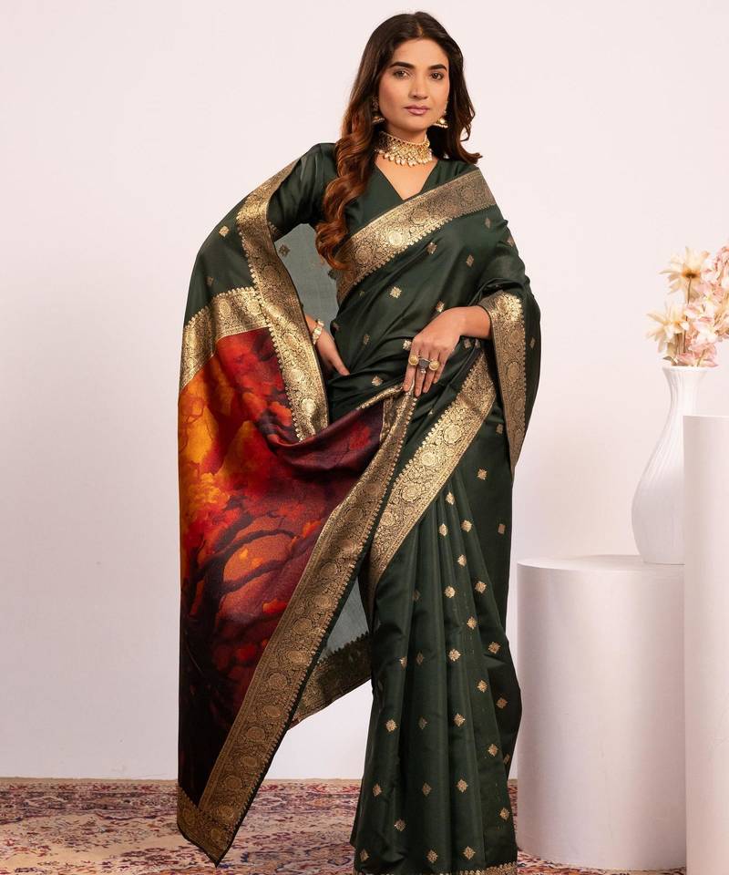 Women green Art silk handloom saree