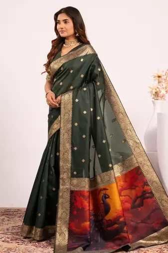 Women green Art silk handloom saree