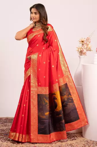 Women red Art silk handloom saree