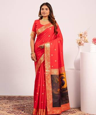Women red Art silk handloom saree 1