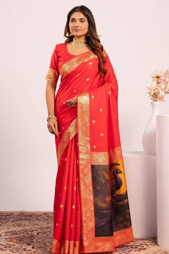 Women red Art silk handloom saree