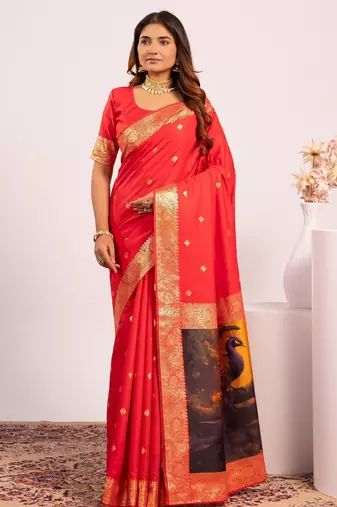 Women red Art silk handloom saree