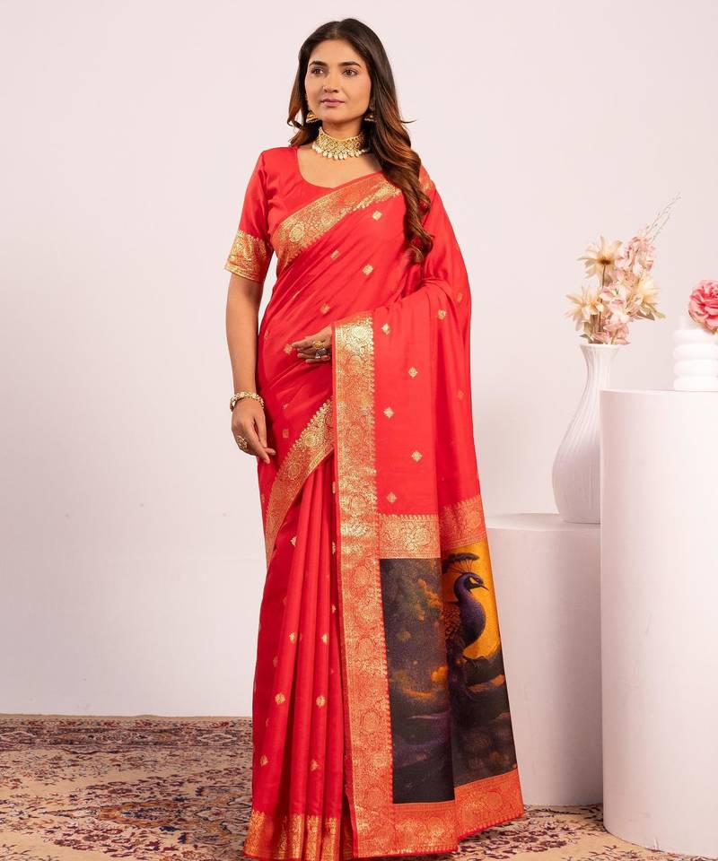 Women red Art silk handloom saree
