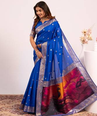 Women royal blue Art silk handloom saree 1