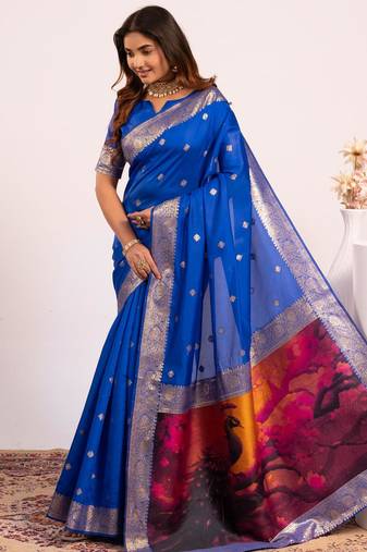 Women royal blue Art silk handloom saree
