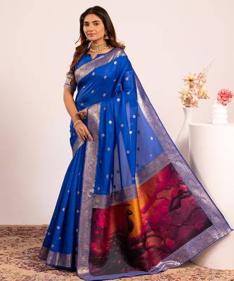 Women royal blue Art silk handloom saree 2