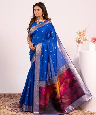 Women royal blue Art silk handloom saree 3